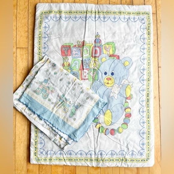 vintage Other - Vintage 80s 90s Baby Quilt Bedding Blanket and Flannel Sheet Size Bassinet Crib